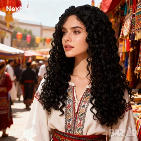 Черна афро къдрава перука с дантелена зона 13×4 - синтетична, 65 см, снимка 3 - Аксесоари за коса - 52900154