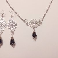 Разкошен Викториански комплект с Черни кристали и филигрирани орнаменти в цвят Сребро, снимка 2 - Бижутерийни комплекти - 28257261