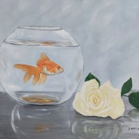 Златна рибка с роза маслена картина, снимка 1 - Картини - 33393122