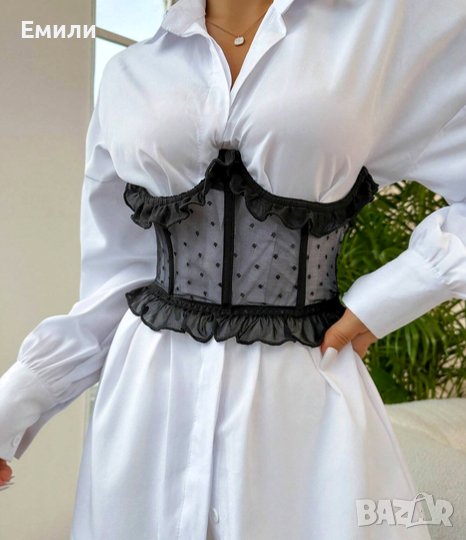 Колан корсет под бюста с мрежеста материя на точки и волани р-р S, M, L, снимка 1