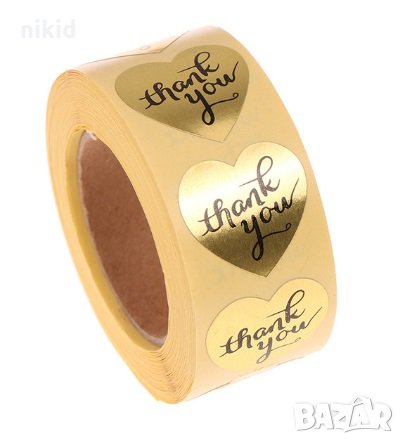 100 бр Thank You златни сърца малки самозалепващи лепенки стикери за ръчна изработка за подарък, снимка 1