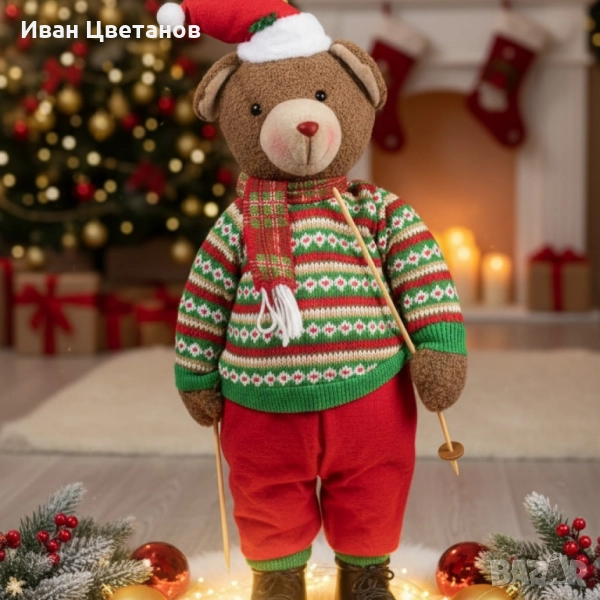 Коледно плюшено мече с пуловер и шапка – топъл акцент за празничен уют у дома, снимка 1