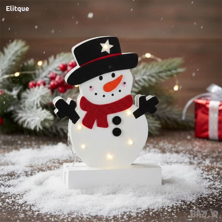 Светеща коледна украса във формата на снежен човек 25 см. Дървена LED декорация снежен човек с 6 LED, снимка 1
