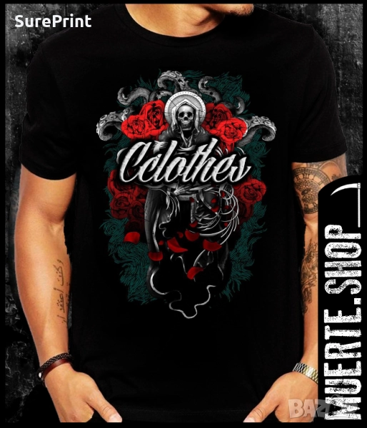 Черна тениска с щампа LA MUERTE REAPER, снимка 1