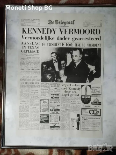 Постер с копие на статия на De Telegraaf за смърта на Кенеди, снимка 1
