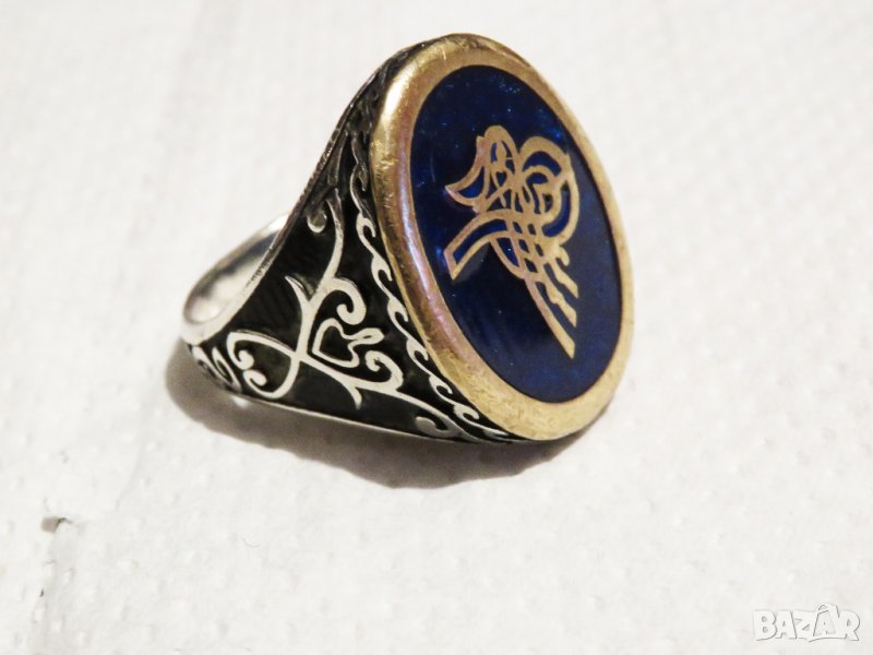 Стар мъжки сребърен пръстен, турски  пръстен, османски величествен сребърен пръстен с тугра, тура, снимка 1