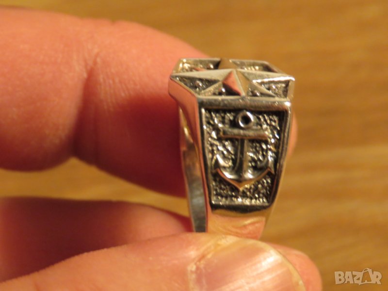 Стар мъжки сребърен пръстен с котва звезда НАТО - морски за ценители, моряци сребро, снимка 1