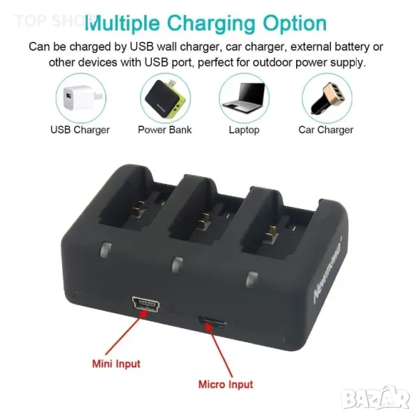 Комплект 2 бр. Резервни батерии Newmowa 1200mAh+бързо 3-канално зарядно>Gopro AHDBT/AHBBP-401/He, снимка 1