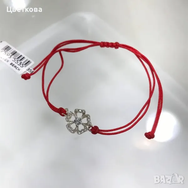 Сребърна гривна на червен конец, цирконии, сребро 925, снимка 1