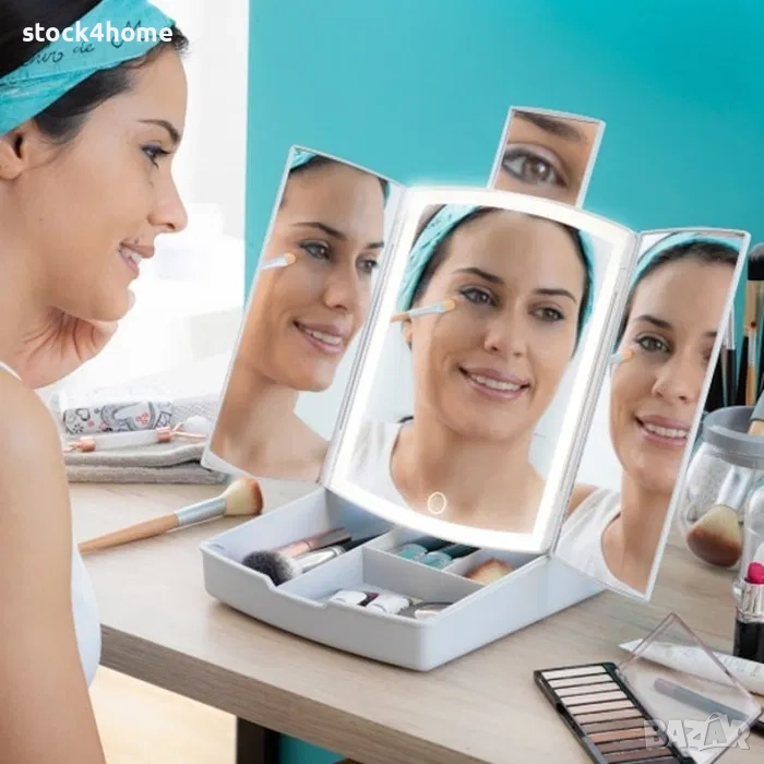 Сгъваемо козметично огледало 3в1 LED С органайзер за грим, снимка 1