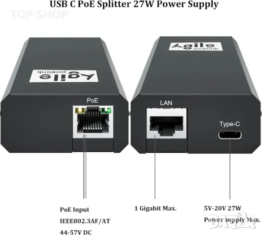 AgilePoElink Gigabit PoE сплитер към USB C, PoE+ конвертор за USB Type-C PD (5V-20V до 27W), снимка 2 - Кабели и адаптери - 49627290