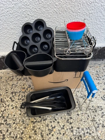 Комплект 15 в 1 Силиконови Форми за Фритюрник с Горещ Въздух, Еър Фрайър, Чашки, Форми, Тава, Щипка!