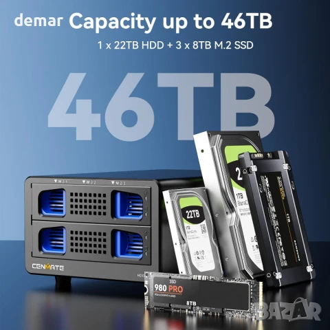Cenmate хибриден корпус за 2.5/3.5" твърд диск+3*M.2 NVMe с вентилатор, снимка 2 - Други - 50756966