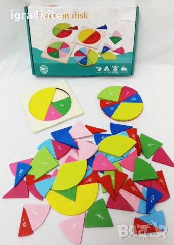 Фракционен диск. Fraction disc Дървена игра геометрия за деления и обучение, снимка 1 - Образователни игри - 36584842