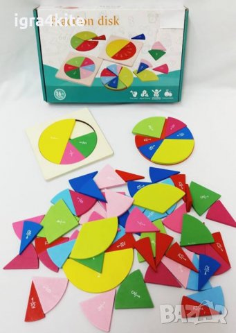 Фракционен диск. Fraction disc Дървена игра геометрия за деления и обучение