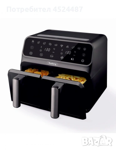 Фритюрник AirFryer Rosberg Premium, 1700W, 2съда x 4л., Горещ въздух, Таймер, до 200°C