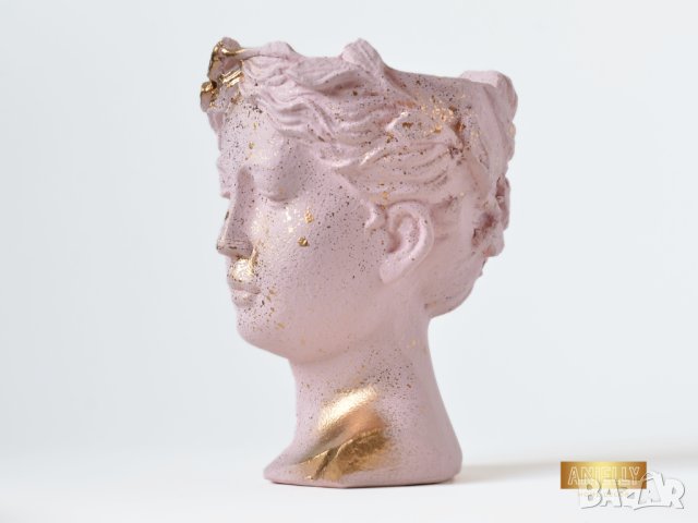Саксия глава на гръцка богиня / Ваза Венера / Декоратив саксия за цветя в цвят розово и златно, снимка 3 - Декорация за дома - 40521922