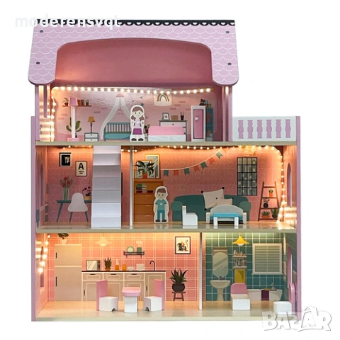 Дървена къщичка за кукли LED осветление и аксесоари 70 см, снимка 4 - Кукли - 53497578