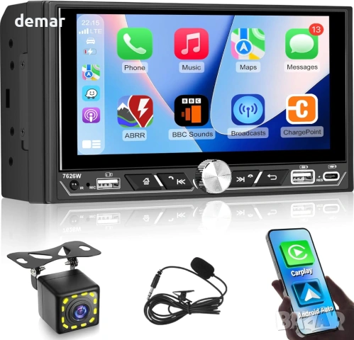 Двудиново автомобилно радио с безжичен Carplay/Android Auto, 6.8-инча