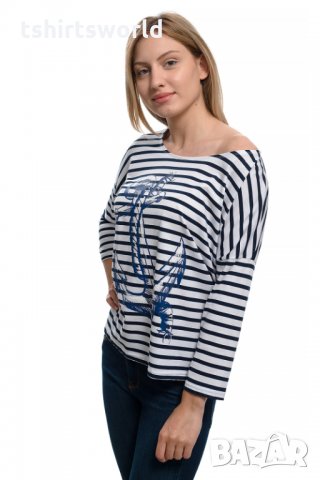 Нова дамска моряшка блуза с паднало рамо, трансферен печат Котва, снимка 9 - Блузи с дълъг ръкав и пуловери - 28375572