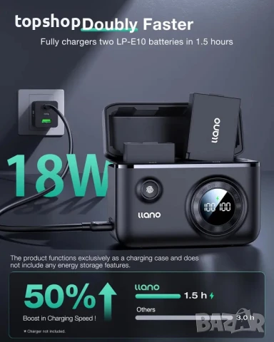 llano 2 броя батерии LP-E10 и 18 W бързо зарядно устройство Canon EOS, снимка 3 - Батерии, зарядни - 50525766