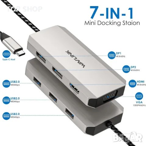 WAVLINK USB C Quad Display Hub, 7-в-1 докинг станция за лаптоп, снимка 2 - Кабели и адаптери - 49444066