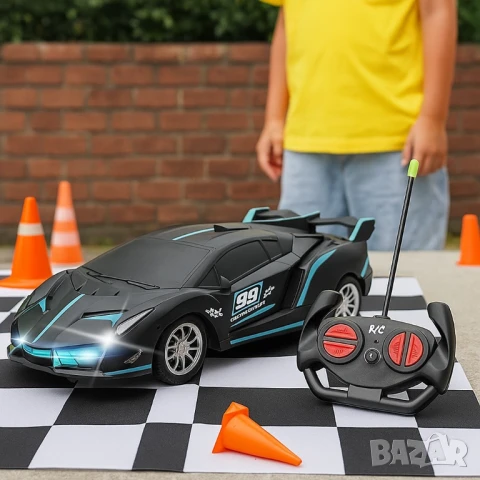 Високоскоростна дрифт кола с дистанционно управление – състезателна играчка с LED светлини и устойчи, снимка 6 - Коли, камиони, мотори, писти - 51063523