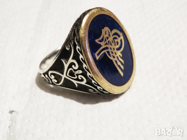 Стар мъжки сребърен пръстен, турски  пръстен, османски величествен сребърен пръстен с тугра, тура, снимка 1 - Пръстени - 35438532