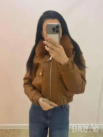 кожено байкър яке с косъм 