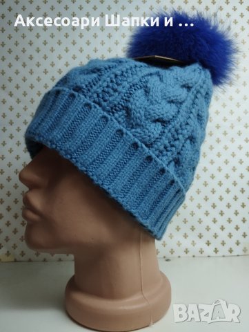 Дамска плетена шапка с естествен косъм лукс- мпш41, снимка 3 - Шапки - 43302182