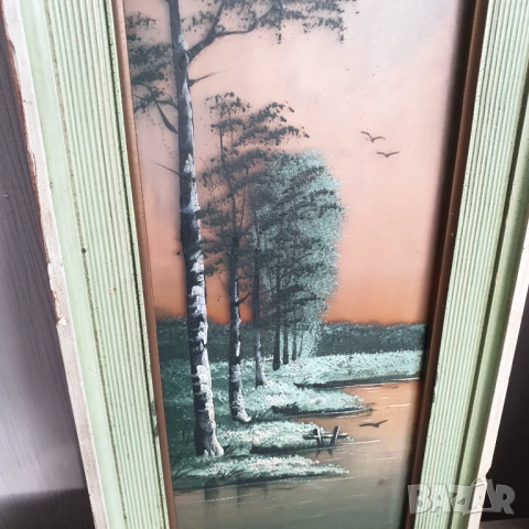 Стари малки картини „Езерен пейзаж“, рисувани върху стъкло, снимка 2 - Антикварни и старинни предмети - 52061087