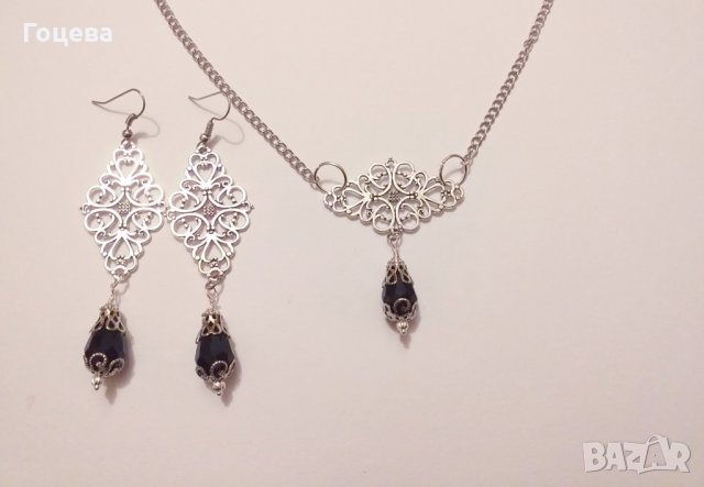 Разкошен Викториански комплект с Черни кристали и филигрирани орнаменти в цвят Сребро, снимка 2 - Бижутерийни комплекти - 28257261