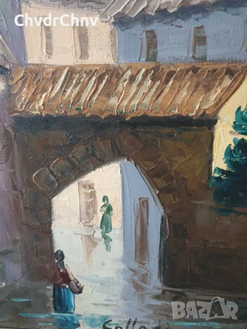 Collado 55х47см/испанска картина масло върху платно/градски пейзаж/къщи-катедрала/дървена рамка, снимка 4 - Картини - 51192802