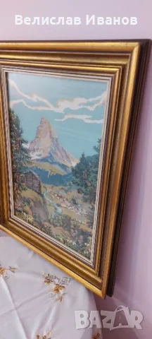 Гоблен планински пейзаж със стъкло и красива дървена рамка.Отлично състояние, снимка 4 - Гоблени - 50054177