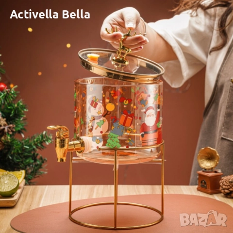 Стъклен диспенсър за напитки 2.6 L с коледен дизайн и златиста стойка, снимка 5 - Аксесоари за кухня - 52558534