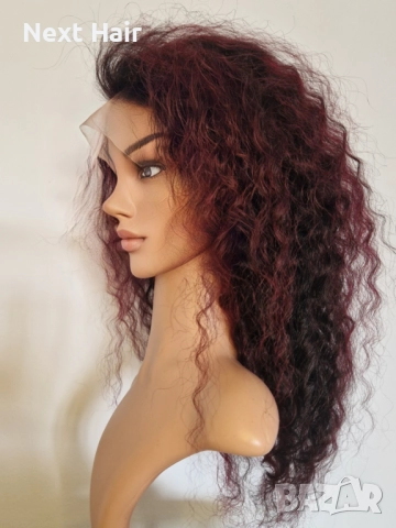 Естествена афро перука къдрава черна с тъмно червени бородо кичури с дантела 13х4, снимка 2 - Аксесоари за коса - 52019116