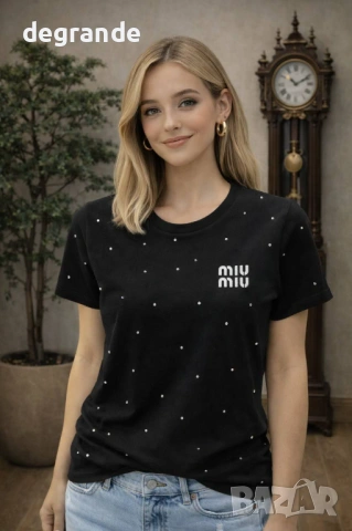 Нов Модел Дамска Тениска с Камъчета Miu Miu 