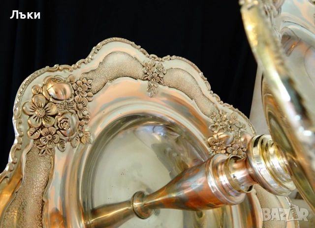 Посребрен поднос,плато на два етажа 47 см., 1.9 кг.,рози,барок. , снимка 11 - Антикварни и старинни предмети - 51826703