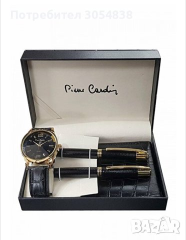 Pierre Cardin - Часовник с кожена каишка, портфейл, химикалка и молив, Черен, снимка 4 - Мъжки - 43585110