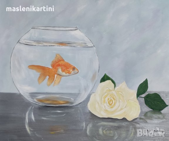 Златна рибка с роза маслена картина, снимка 1 - Картини - 33393122