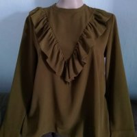 Блуза с къдри във военно зелено,H&M,L/XL, снимка 1 - Блузи с дълъг ръкав и пуловери - 27718218