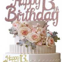 Happy Birthday 13 години розов златист брокатен картонен топер за торта табела украса декор рожден , снимка 1 - Други - 32403964