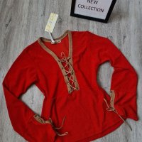 НОВ червен дамски пуловер с красиви връзки на намаление , снимка 1 - Отоплителни печки - 38327611