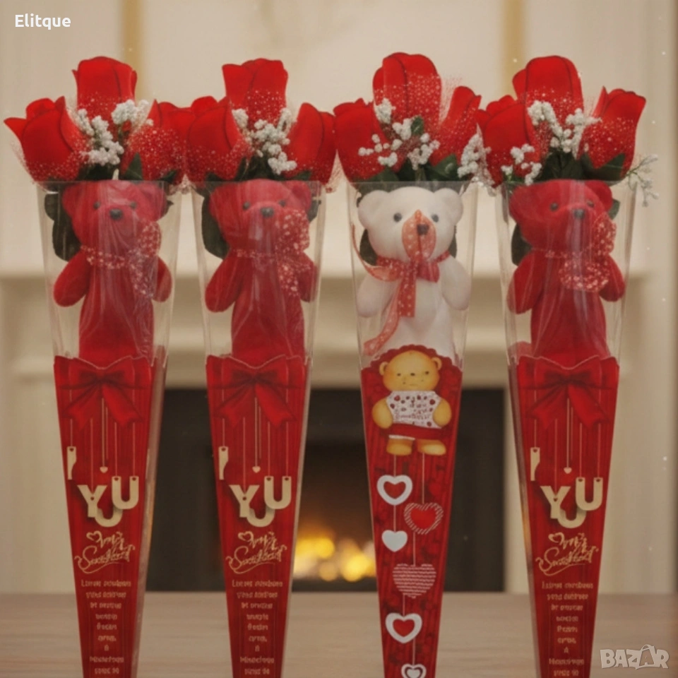 Романтичен букет с плюшено мече и роза, снимка 1