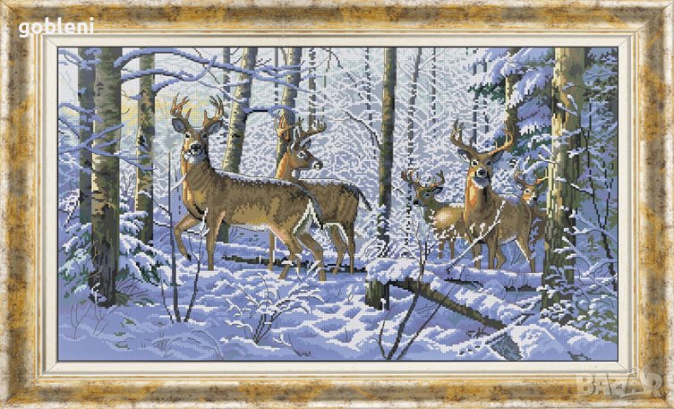гоблен „ЕЛЕНИ В ЗИМНА ГОРА“ ДПМ-размери/40-23/см.; 32 цвята – 47лв., снимка 1