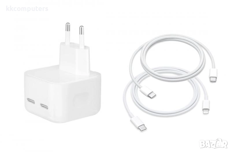 PREMIUM Зарядно/Адаптер 50W 2xPD 220V /2 x Кабела/PD Type-C - Type-C/PD Type-C - Lightning/ Бял / Ба, снимка 1