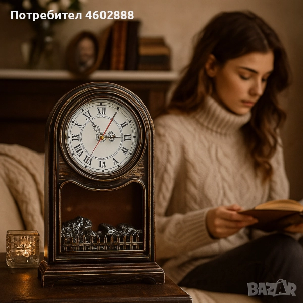 Винтидж настолен часовник с LED камина – уют и стил в едно, снимка 1
