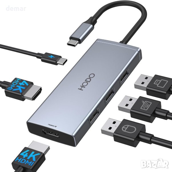 USB C към 2 HDMI адаптер за два монитора, 6 IN 1 докинг станция, снимка 1