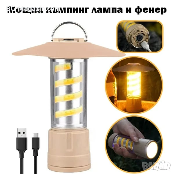 Мощна акумулаторна къмпинг LED лампа преносимо осветление лед фенер риболов туризъм палатка аварии, снимка 1