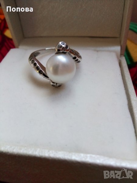 Дизайнерски сребърен пръстен с перла и кристали, снимка 1